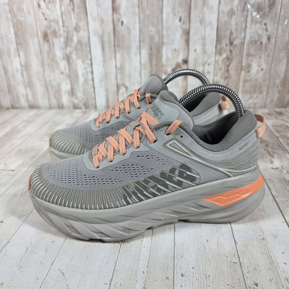Hoka One One Bondi 7 Womens 7 Grey Orange Running Shoes 1110519 HMSH Harbor Mist